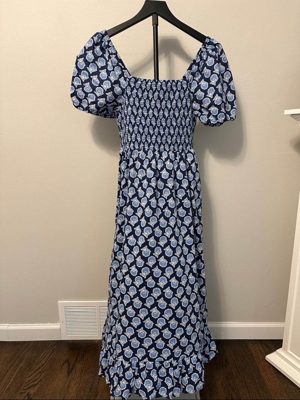 J. Crew Blue Floral Smocked Midi Dress with Puff Sleeves